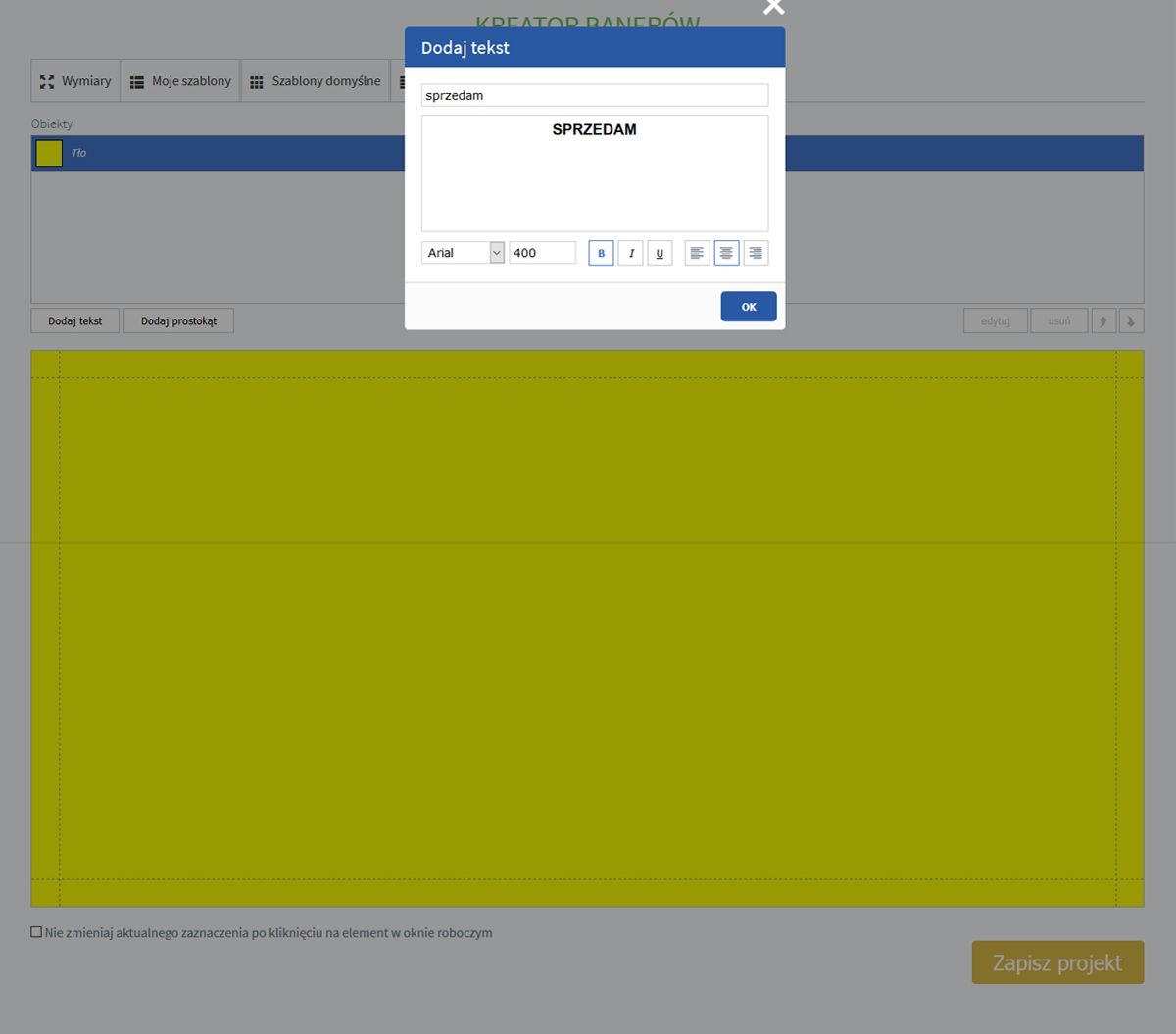 Dodawanie tekstu w kreatorze banerów drukowanych